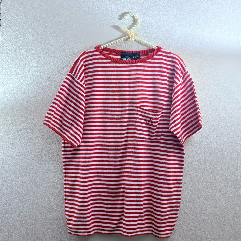 Vintage Dockers Red & White Striped Tee - 100% cotton, made in USA (M)